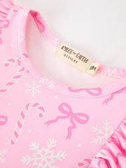 Pink Christmas Bow Print Ruffle Baby Girl Bubble Romper