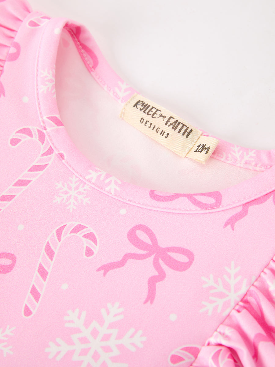 Pink Christmas Bow Print Ruffle Baby Girl Bubble Romper