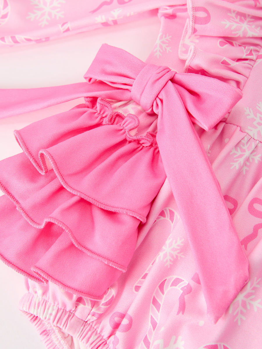 Pink Christmas Bow Print Ruffle Baby Girl Bubble Romper