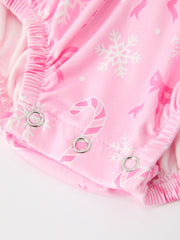 Pink Christmas Bow Print Ruffle Baby Girl Bubble Romper
