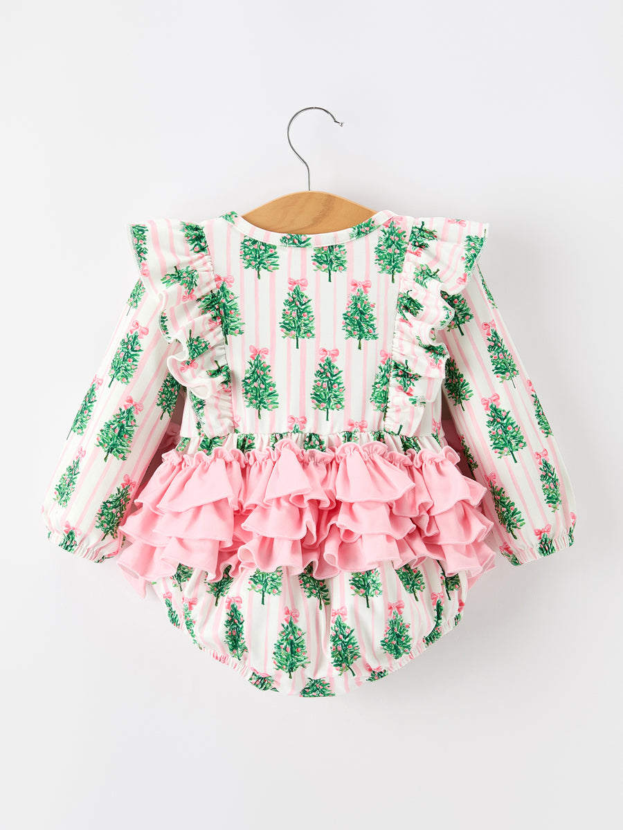 Christmas Tree Print Ruffle Bow Baby Girl Bubble Romper