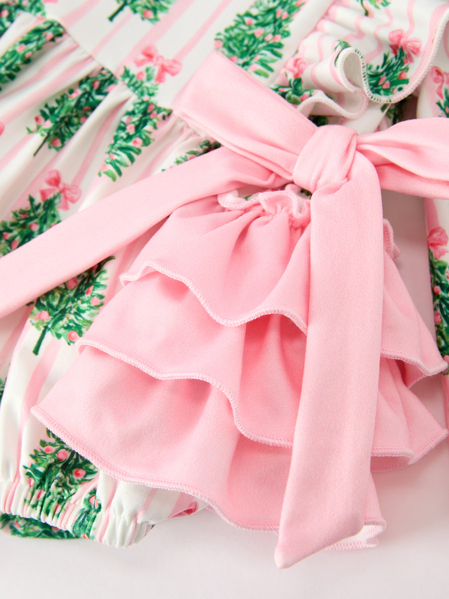 Christmas Tree Print Ruffle Bow Baby Girl Bubble Romper
