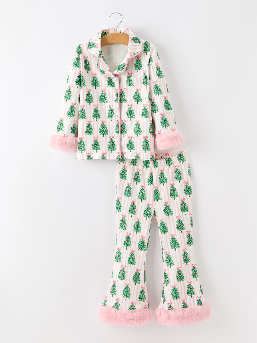 Mommy and Me Christmas Tree Print Pajama Set with Fur Trim