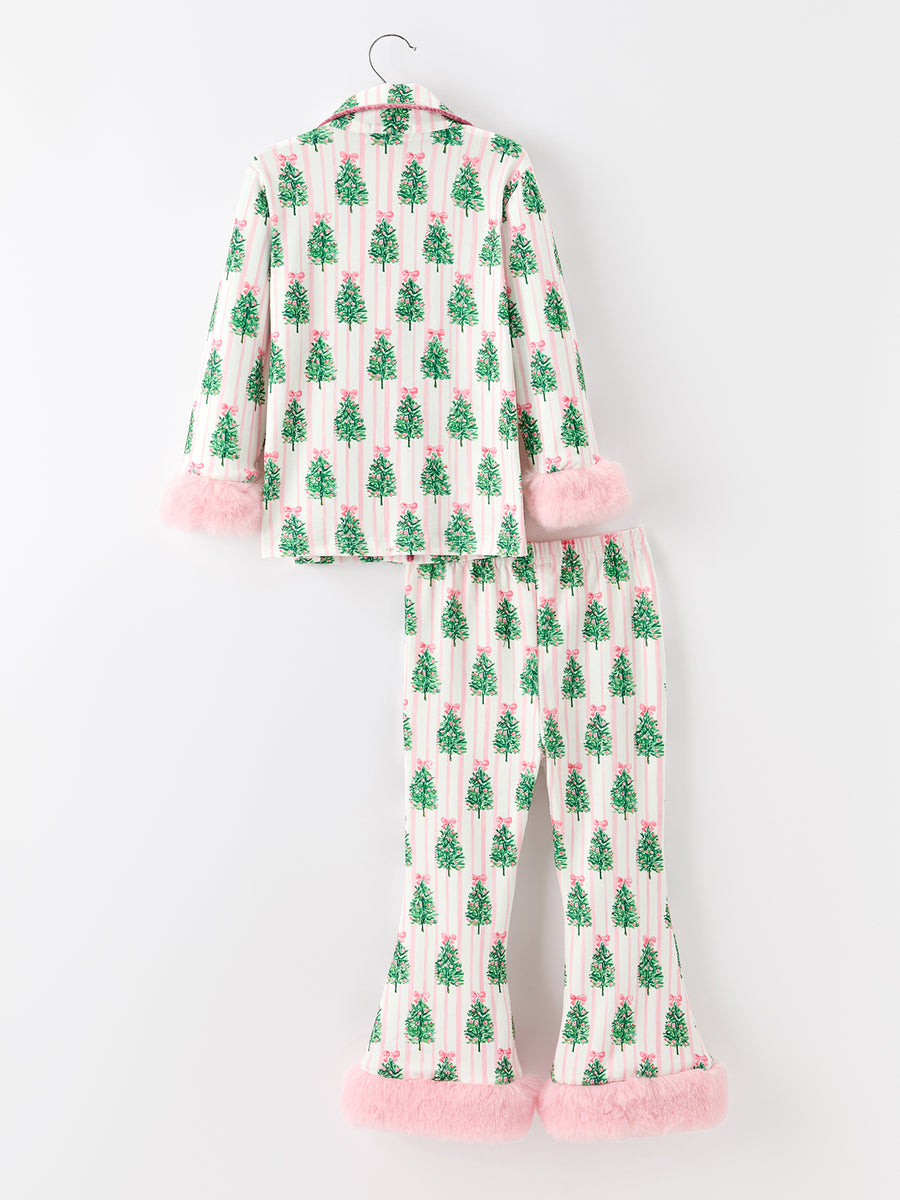 Mommy and Me Christmas Tree Print Pajama Set with Fur Trim