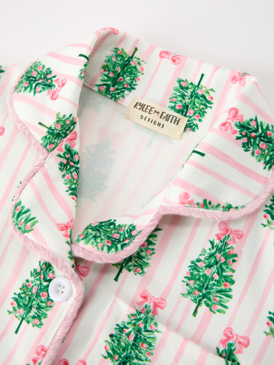 Mommy and Me Christmas Tree Print Pajama Set with Fur Trim