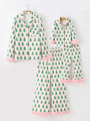 Mommy and Me Christmas Tree Print Pajama Set with Fur Trim