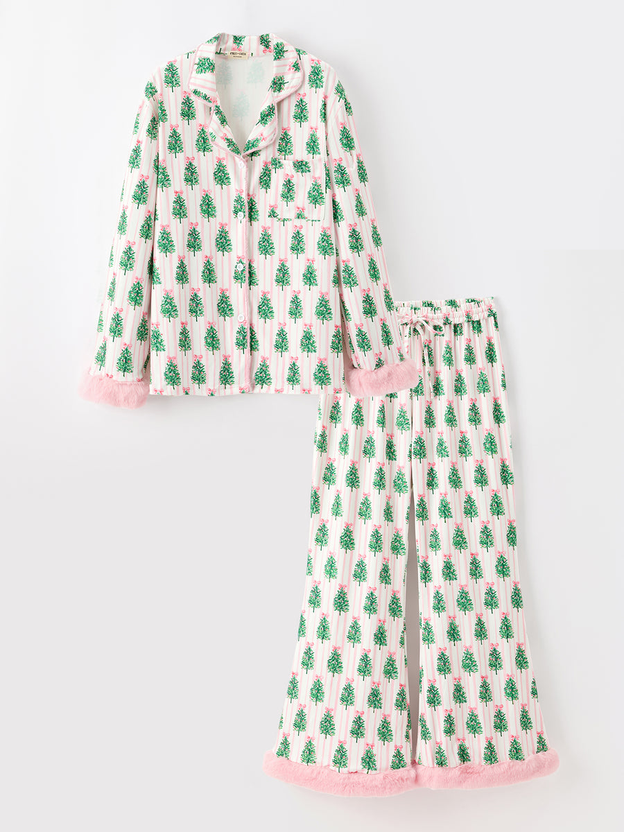 Mommy and Me Christmas Tree Print Pajama Set with Fur Trim