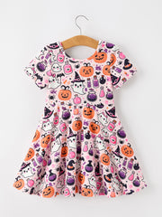 Halloween Pumpkin Ghost Print Girls Twirl Dress Short Sleeve