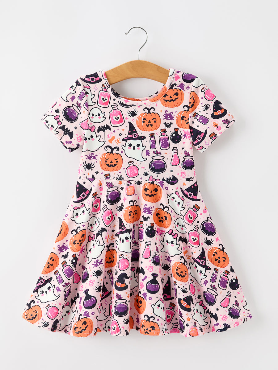Halloween Pumpkin Ghost Print Girls Twirl Dress Short Sleeve