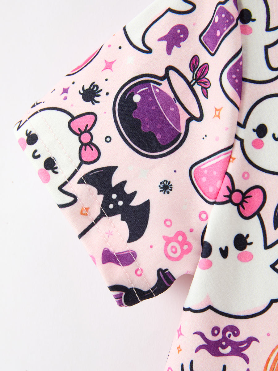 Halloween Pumpkin Ghost Print Girls Twirl Dress Short Sleeve
