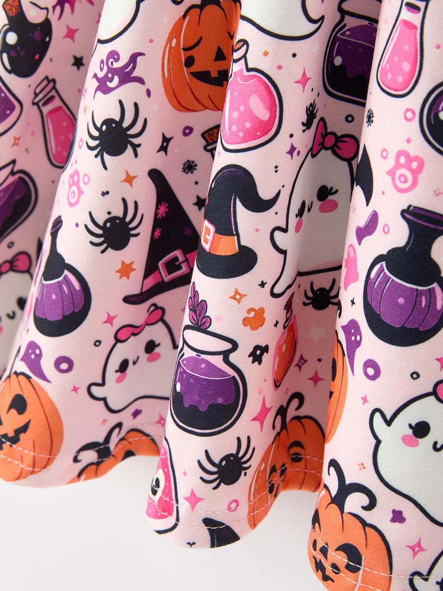 Halloween Pumpkin Ghost Print Girls Twirl Dress Short Sleeve
