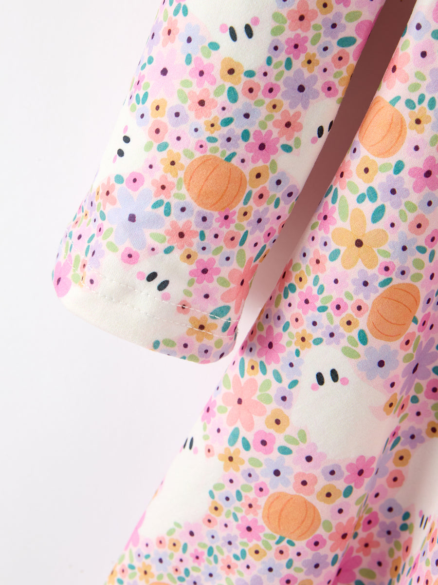 Halloween Ghost Print Girls Twirl Dress Long Sleeve