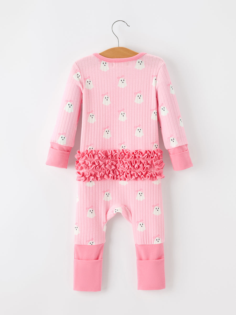 Halloween Ghost Baby Girl Pink Pajamas Ruffle Zipper Romper