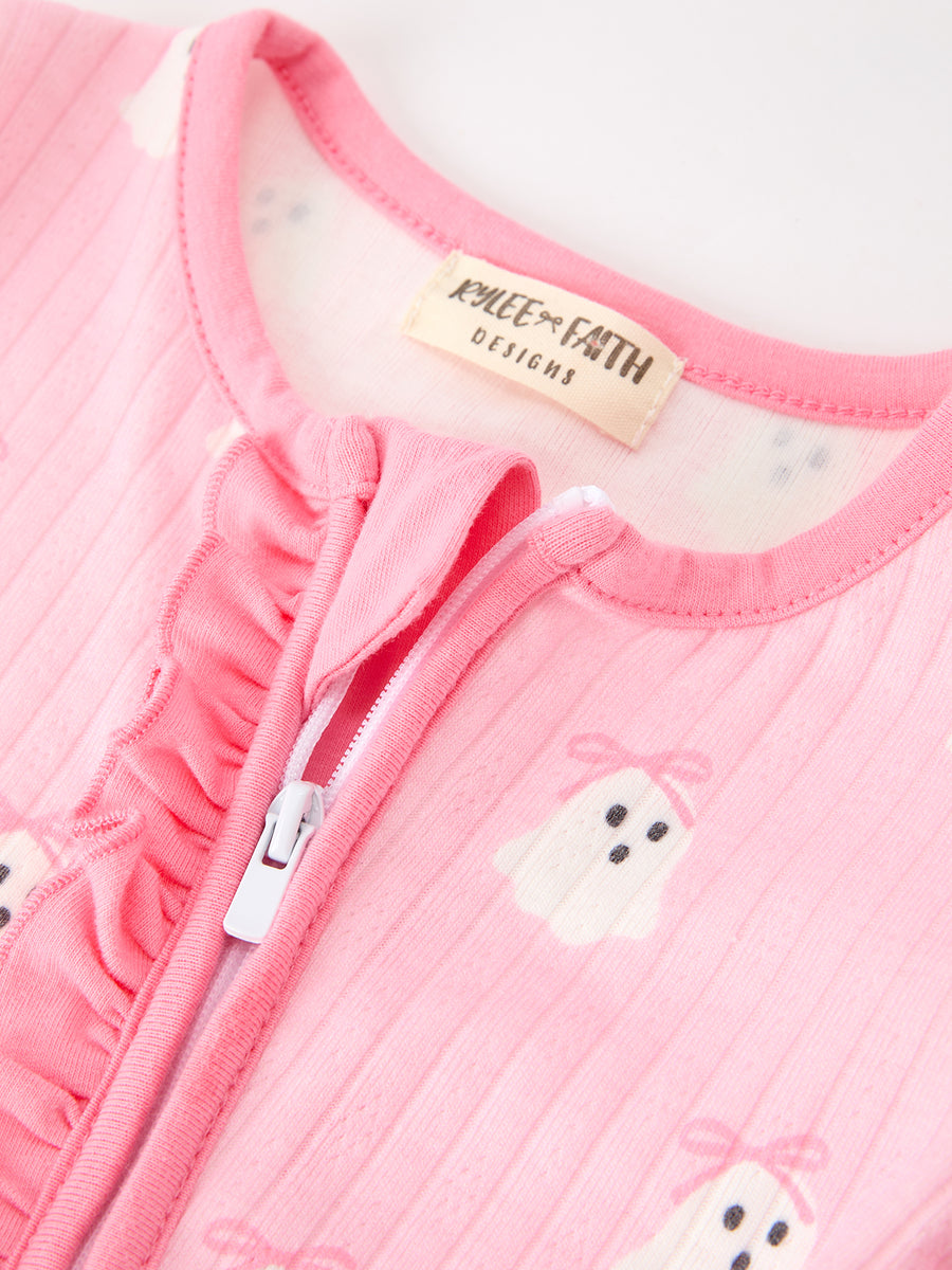 Halloween Ghost Baby Girl Pink Pajamas Ruffle Zipper Romper