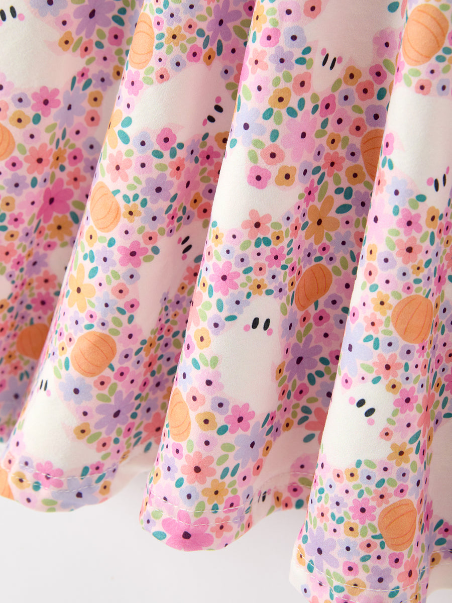 Halloween Ghost Print Girls Twirl Dress Long Sleeve