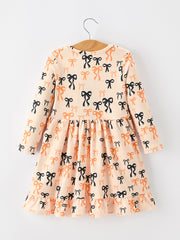 Halloween Bow Print Girls Twirl Dress Long Sleeve with Pockets