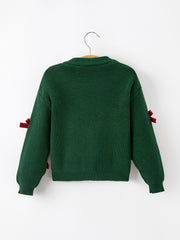 Girls Christmas Jolly Candy Cane Bow Knit Sweater
