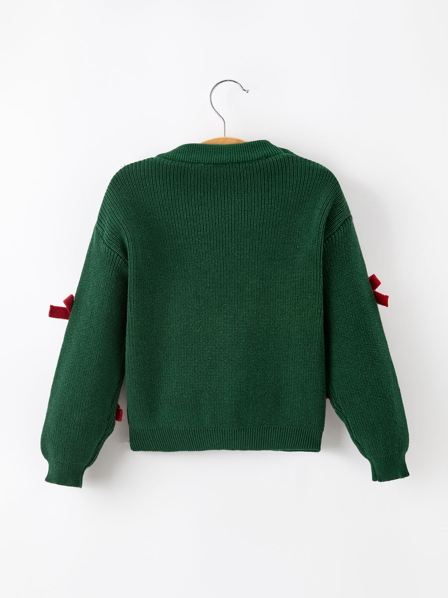 Girls Christmas Jolly Candy Cane Bow Knit Sweater