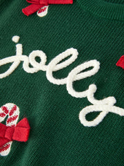 Girls Christmas Jolly Candy Cane Bow Knit Sweater