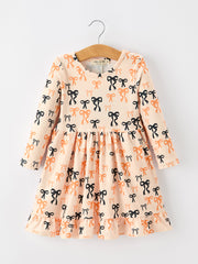Halloween Bow Print Girls Twirl Dress Long Sleeve with Pockets