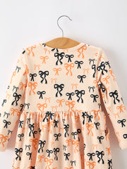 Halloween Bow Print Girls Twirl Dress Long Sleeve with Pockets
