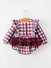 Fall Plaid Bow Ruffle Girls Bubble Romper
