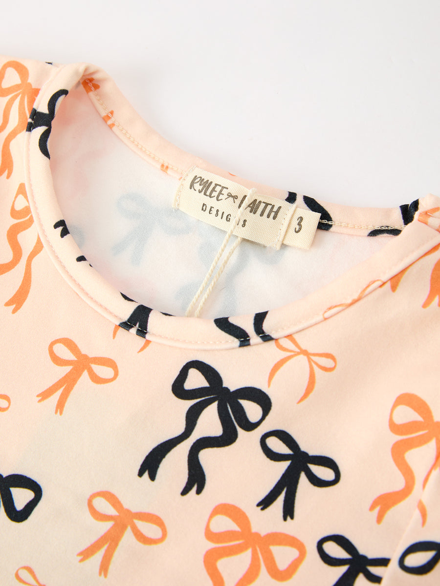 Halloween Bow Print Girls Twirl Dress Long Sleeve with Pockets