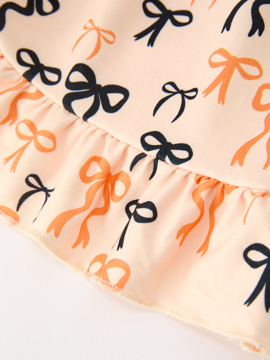 Halloween Bow Print Girls Twirl Dress Long Sleeve with Pockets