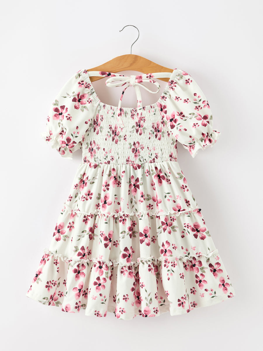 Floral Ruffle Girls Dress Puff Sleeve Party Dress