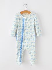 Blue Floral Bow Print Baby Girl Ruffle Zip Romper