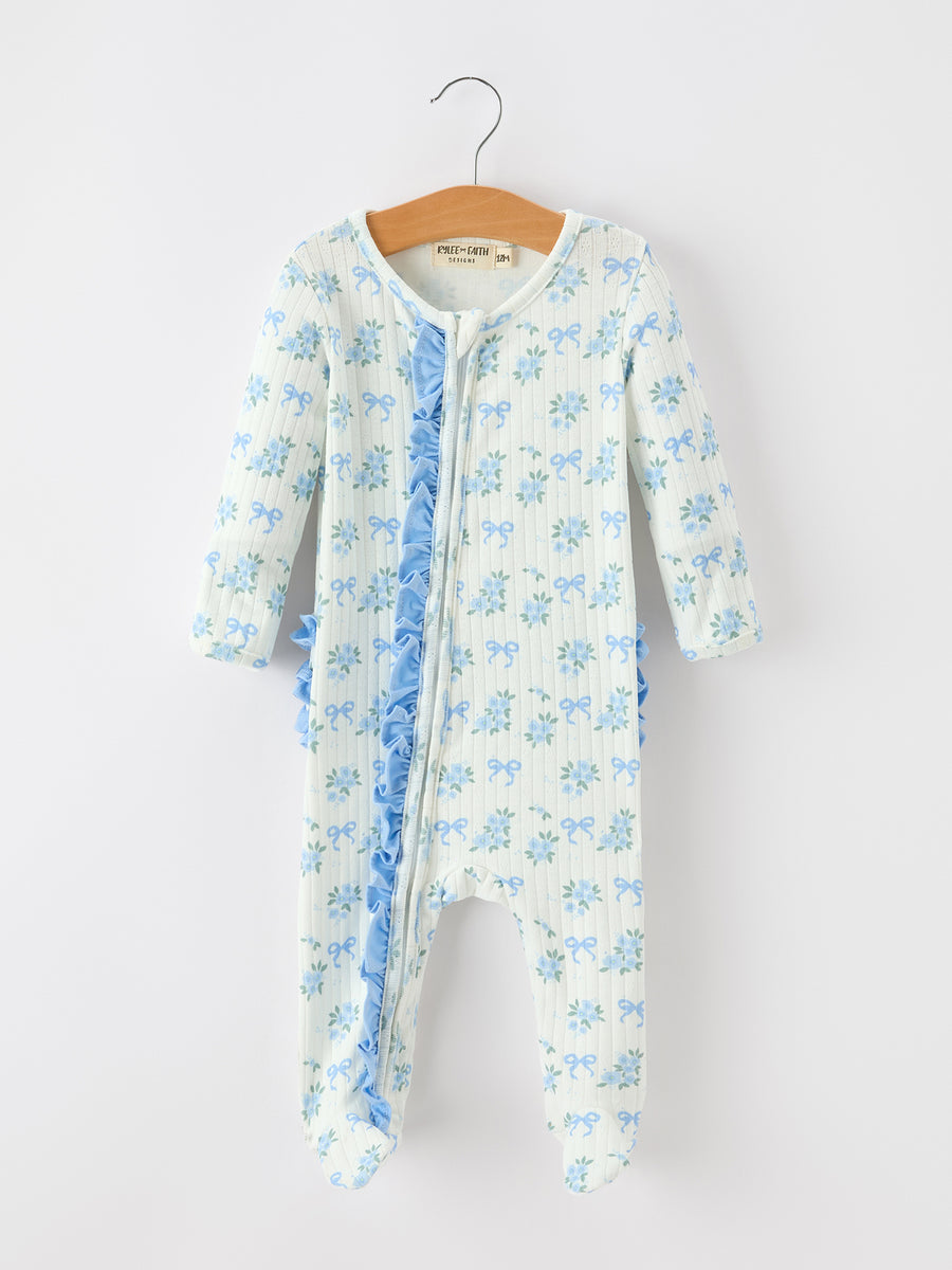 Blue Floral Bow Print Baby Girl Ruffle Zip Romper