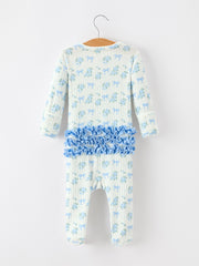 Blue Floral Bow Print Baby Girl Ruffle Zip Romper