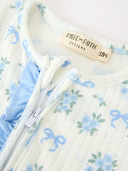 Blue Floral Bow Print Baby Girl Ruffle Zip Romper