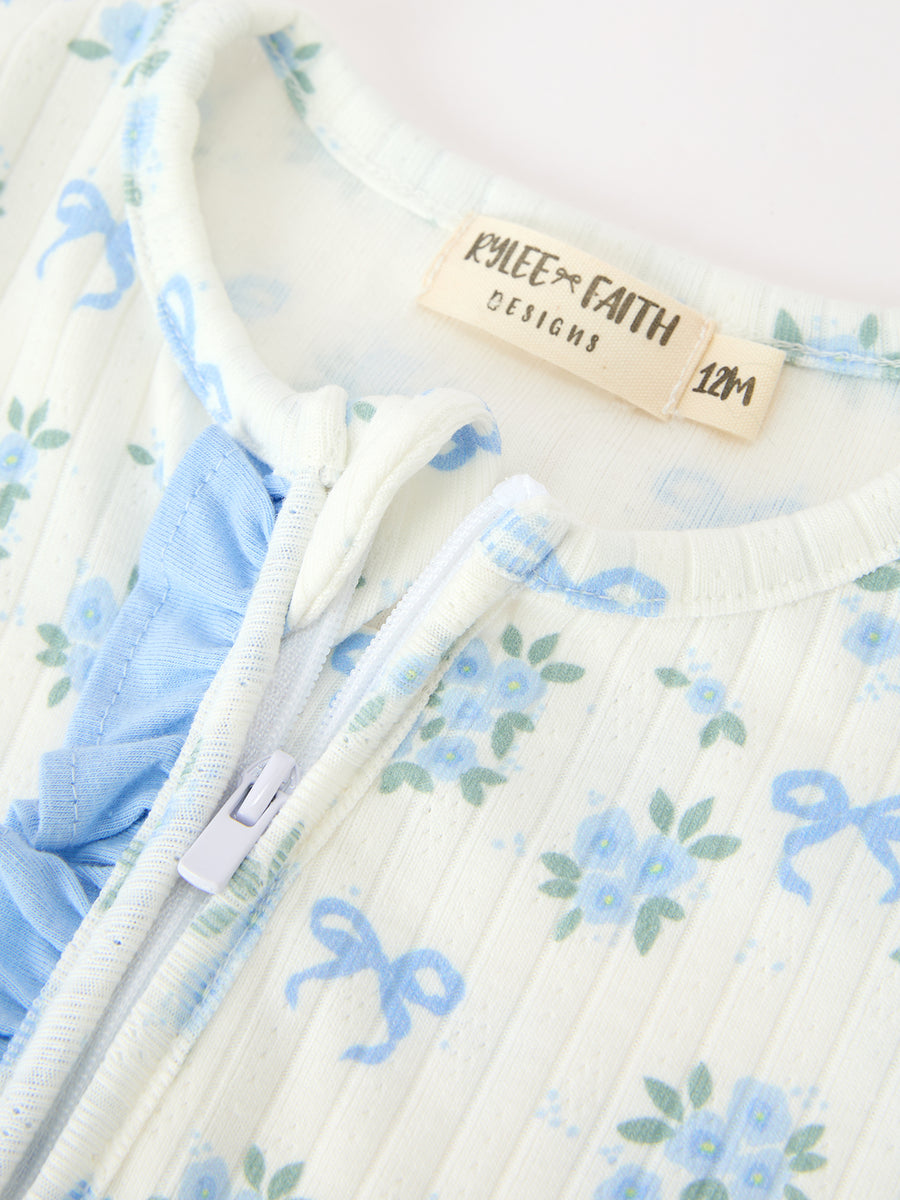 Blue Floral Bow Print Baby Girl Ruffle Zip Romper