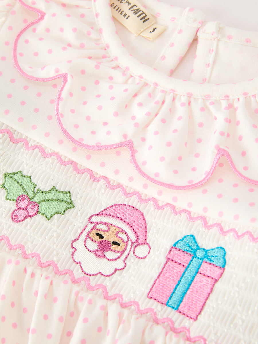 Christmas Smocked Girls Dress Embroidered Holiday Ruffle Collar