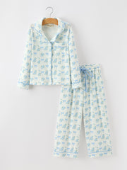 Mommy and Me Blue Floral Print Pajama Set with Button Top