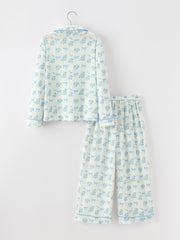 Mommy and Me Blue Floral Print Pajama Set with Button Top