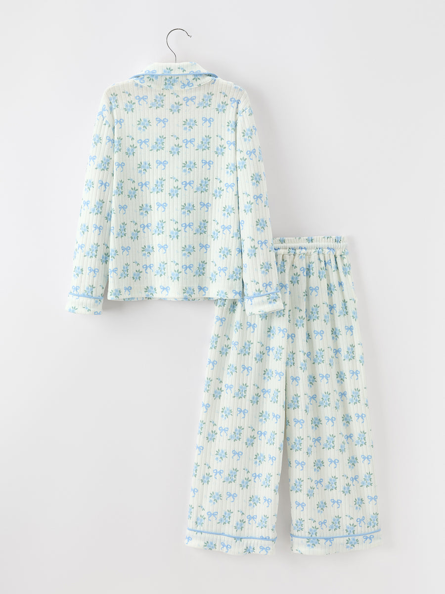 Mommy and Me Blue Floral Print Pajama Set with Button Top