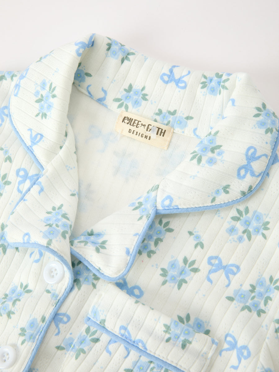 Mommy and Me Blue Floral Print Pajama Set with Button Top