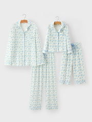Mommy and Me Blue Floral Print Pajama Set with Button Top