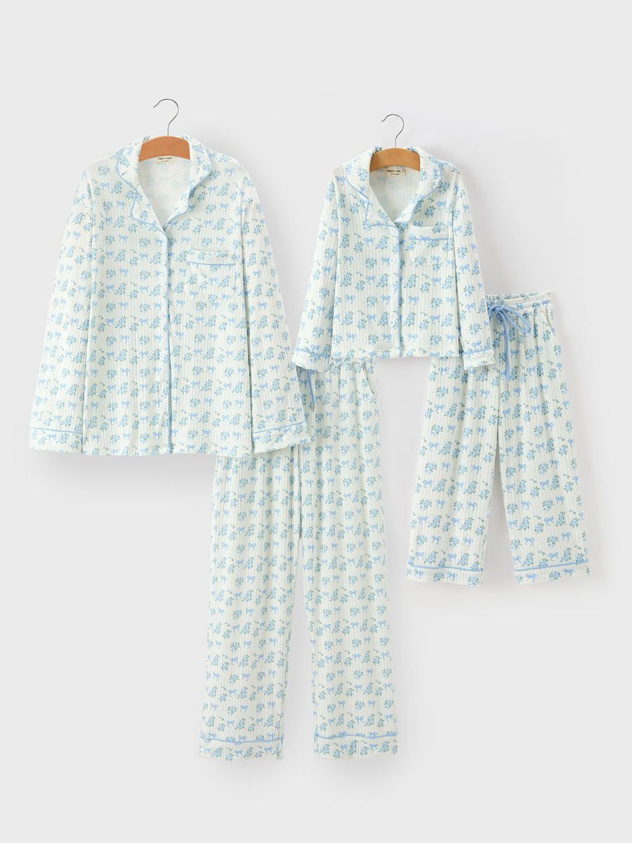 Mommy and Me Blue Floral Print Pajama Set with Button Top