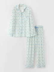 Mommy and Me Blue Floral Print Pajama Set with Button Top