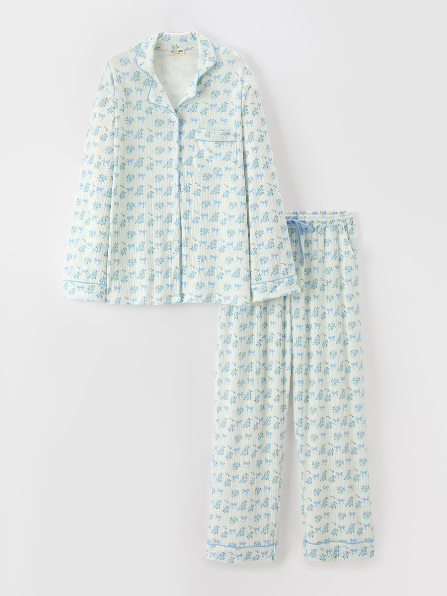 Mommy and Me Blue Floral Print Pajama Set with Button Top
