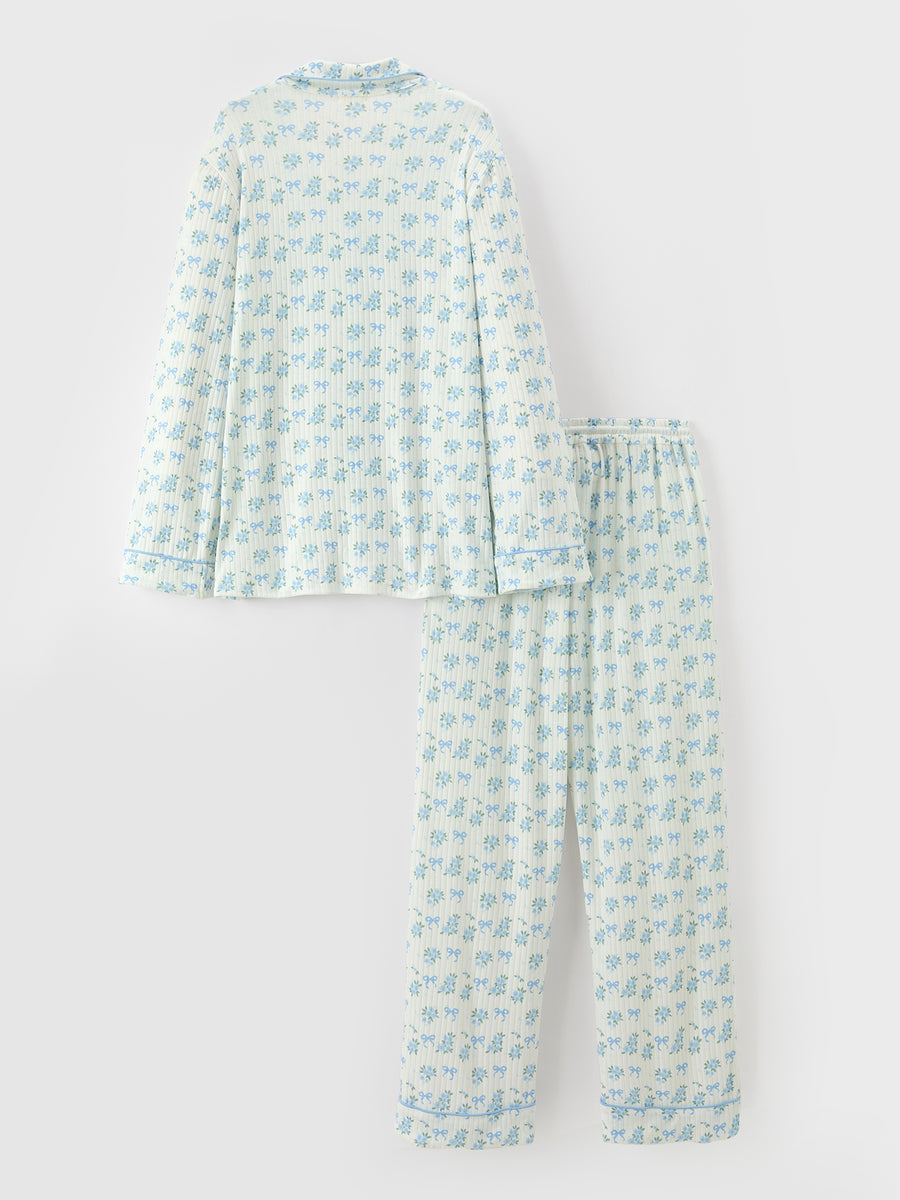 Mommy and Me Blue Floral Print Pajama Set with Button Top