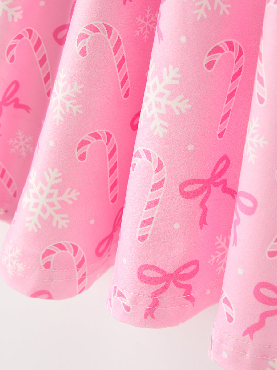 Pink Christmas Candy Cane Print Twirl  Girls Dress