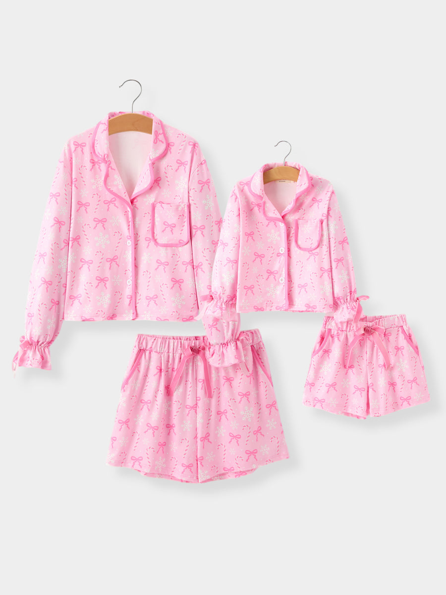 Mommy and Me Pink Christmas Candy Cane Print Pajama Set