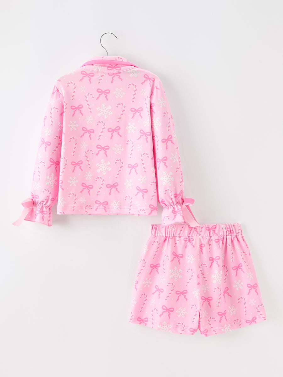 Mommy and Me Pink Christmas Candy Cane Print Pajama Set
