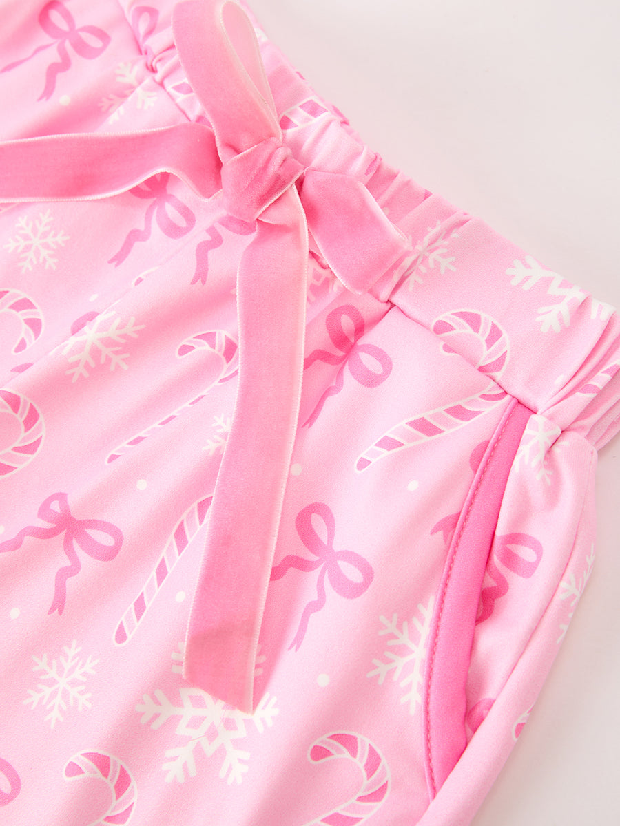 Mommy and Me Pink Christmas Candy Cane Print Pajama Set