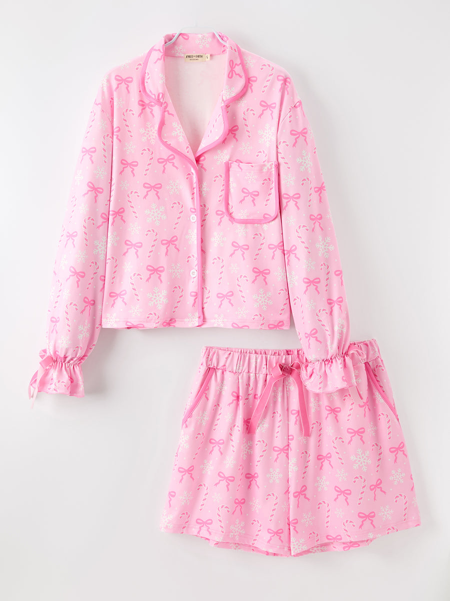 Mommy and Me Pink Christmas Candy Cane Print Pajama Set