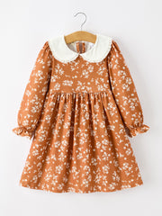 Fall Girls Rust Floral Lace Trim Peter Pan Collar Dress